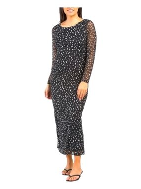 Rachel Zoe Black and White Dot Print Long Sleeve Ruched Mesh Midi Dress L
